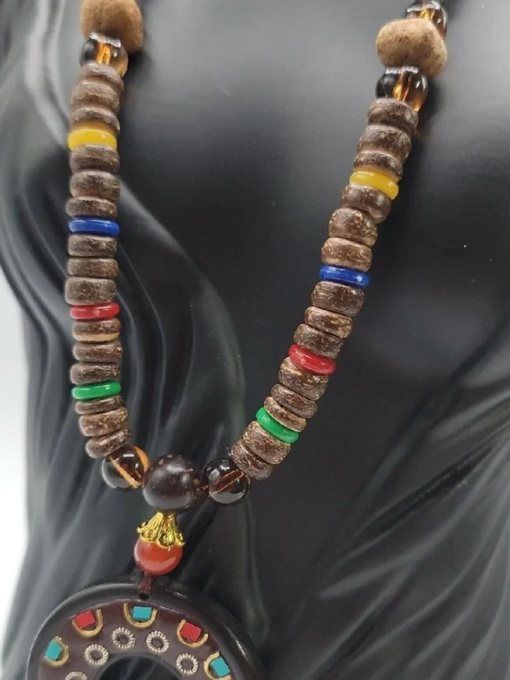 Unisex Nepal Buddhist Mala Wood Bead Pendant Necklace 30